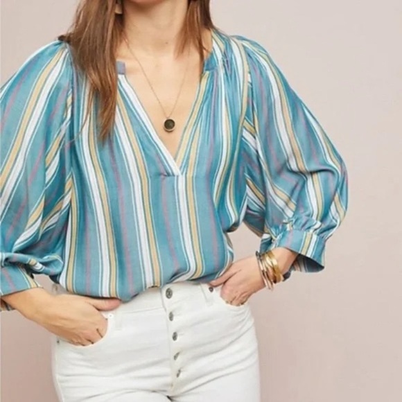 Anthropologie Byron Blouse Size Small Teal Green Striped Puff Sleeve Loose Fit - Picture 1 of 12